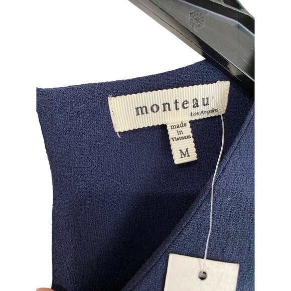 Navy Blue Scalloped Hem & Sleeve Short Dress By Monteau Los Angeles - Size M NWT - Picture 2 of 5